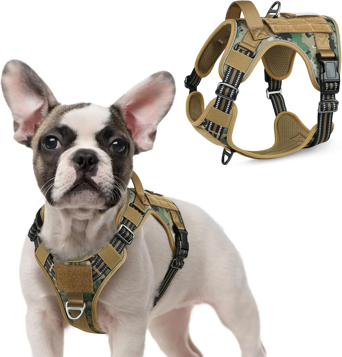 rabbitgoo Tactical Dog Harness for Small Dogs, No Pull Military Service Vest with Handle & Molle, Easy Control for Training Walking, Adjustable Reflective Straps, Brown camo, S