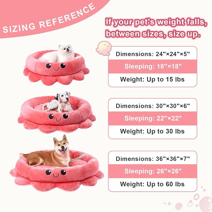 Cute Calming Dog Beds Clearance for Medium Small Dogs, Anxiety Bolster Dog Bed with Octopus Shape, Pink, Red, Boho, Round Pet Bed Cat with Removable Cushion