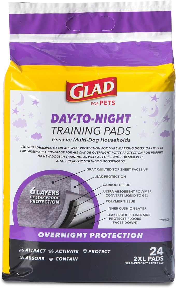 Glad for Pets Giant Activated Carbon Training Pads, 30 x 36 In, 24 Ct, 3-Pk | Adhesive backing and wall protection for leak-proof, super-absorbent day-to-night coverage