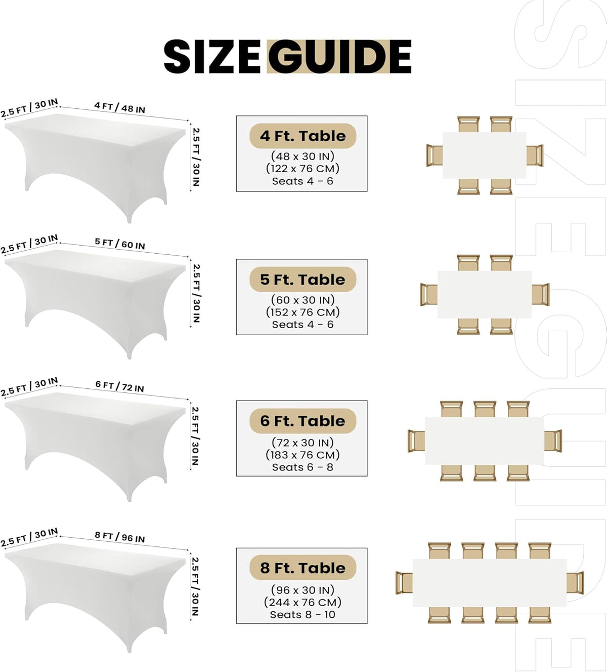 Utopia Kitchen 5FT Spandex Tablecloth [2 Pack, White] 200 GSM Stretch, Fitted, Washable and Wrinkle Resistant Table Cloth Rectangle Cover for Trade Shows, Wedding, Parties [60Lx30Wx30H Inch]