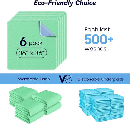 6 Pack 36” x 36” Extra Heavy Absorbency Washable Underpads Bed Pads | WaterProof Quick Drying Nursing Pads Incontinence, Reusable Washable Pee Pads for Dogs, Diaper Changing & Adults