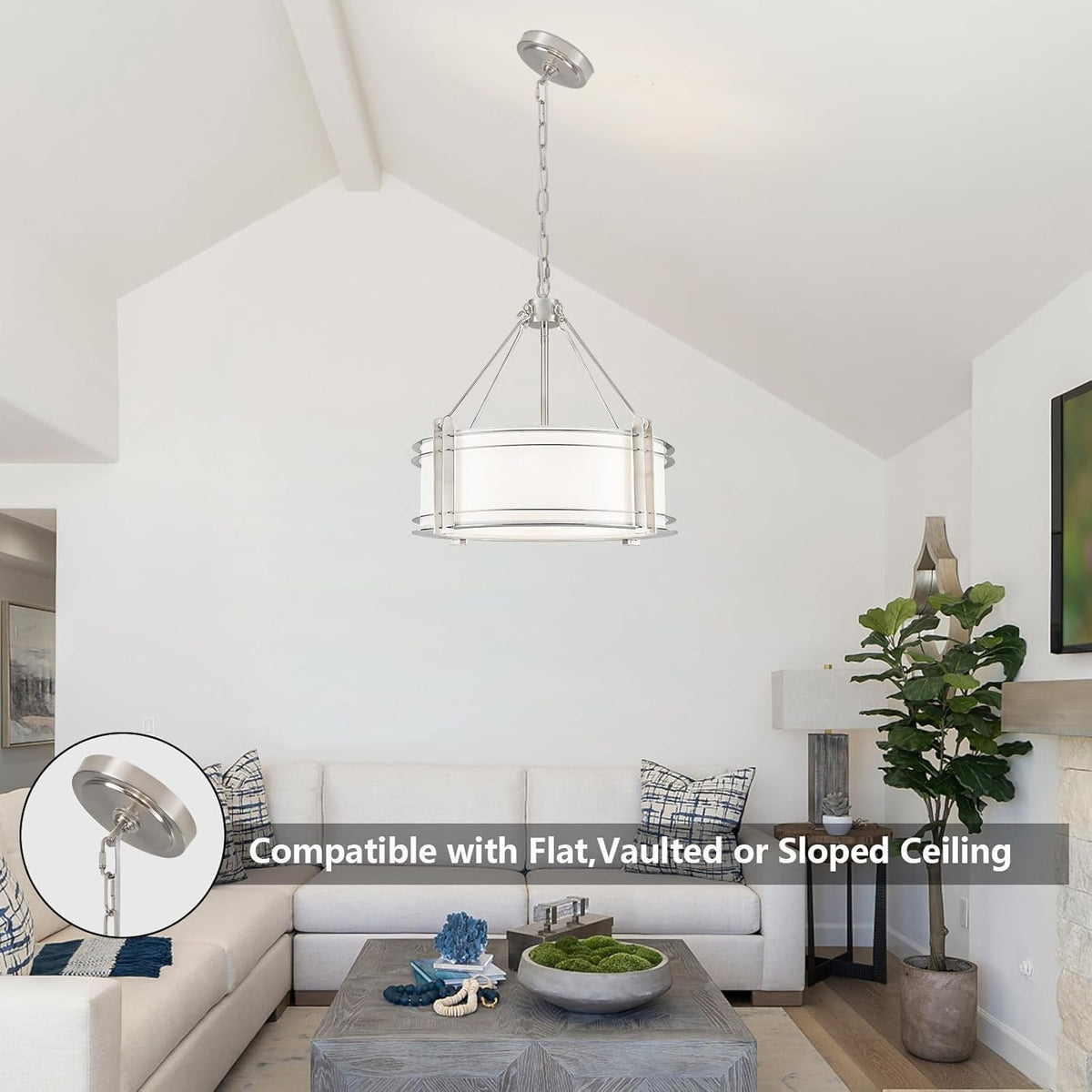 16.3''Drum Chandelier 3-Light Brushed Nickel Modern White Fabric Chandeliers Adjustable Drum Pendant Light for Dining Room Kitchen Island Hallway Living Bedroom