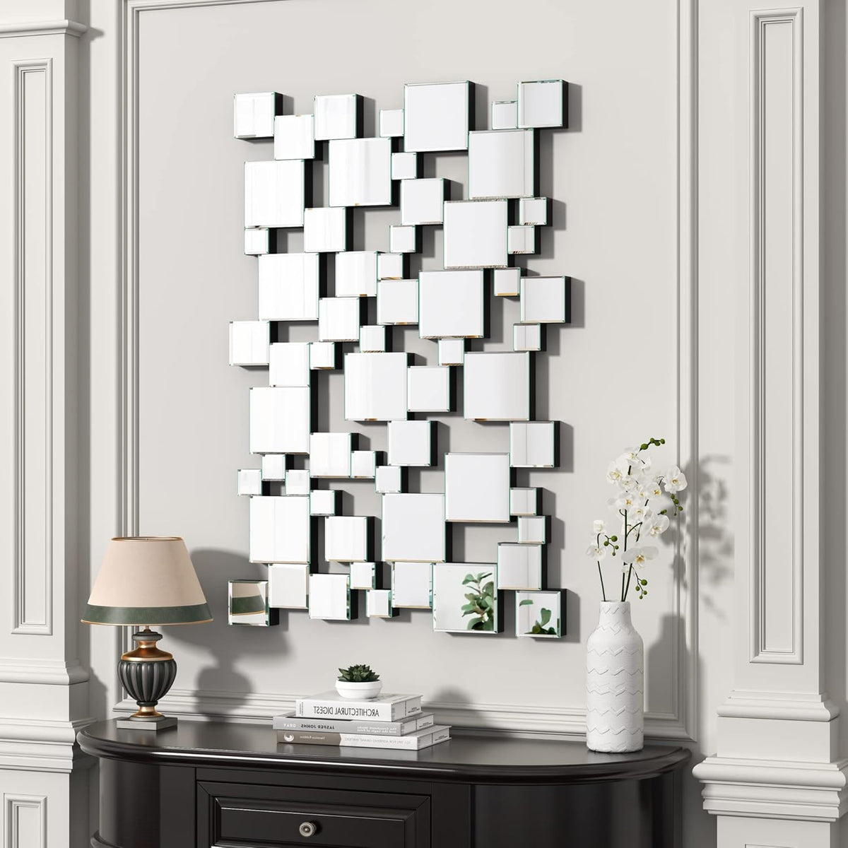 KOHROS Large Silver Wall Mirrors Decorative 48×32 Inch Modern Art Geometric Patchwork Mirror for Wall Decor, Living Room & Entryway Decor, 3D Space - Extending Wall - Mounted Mirror