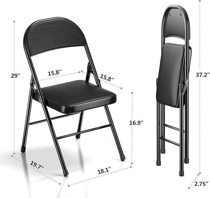 VECELO 4-Pack Folding Chairs Portable Metal with Ultra Soft PU Padded Cushion Seats for Home Office, Black, Square