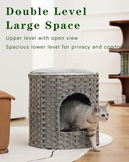 Cat House for Indoor Cat, Large Double Cat Houses Cat Bed Cave, Handwoven Rattan Pet Beds with One Soft Pad, 17 x 17 x 17 Inches Foldable Kitten Hideaway in Living Room Gray