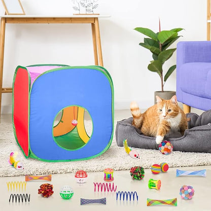 Retro Shaw Cat Toys, 33Pack Large Cats Toys, Interactive Kitten Toys for Indoor Cats Kitty with Collapsible Game Tunnel Tube Tent Feather Wand Teaser Bell Fuzzy Ball Springs Mouse Toys