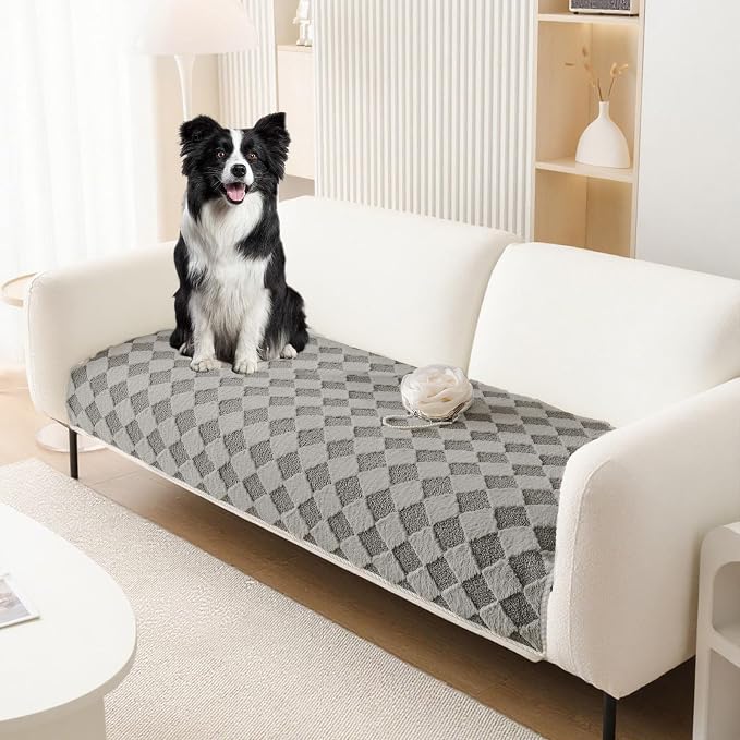 HANDONTIME Non-Slip Pet Couch Cover Washable, Plush Faux Fur Couch Protector for Cushion Pet-Friendly Sofa Covers for Dogs, Checkered Diamond Sectional Covers Dog Mat for Sofa (Grey, 35.6" x 82.7")