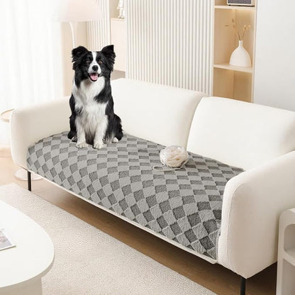 HANDONTIME Non-Slip Pet Couch Cover Washable, Plush Faux Fur Couch Protector for Cushion Pet-Friendly Sofa Covers for Dogs, Checkered Diamond Sectional Covers Dog Mat for Sofa (Grey, 35.6" x 82.7")