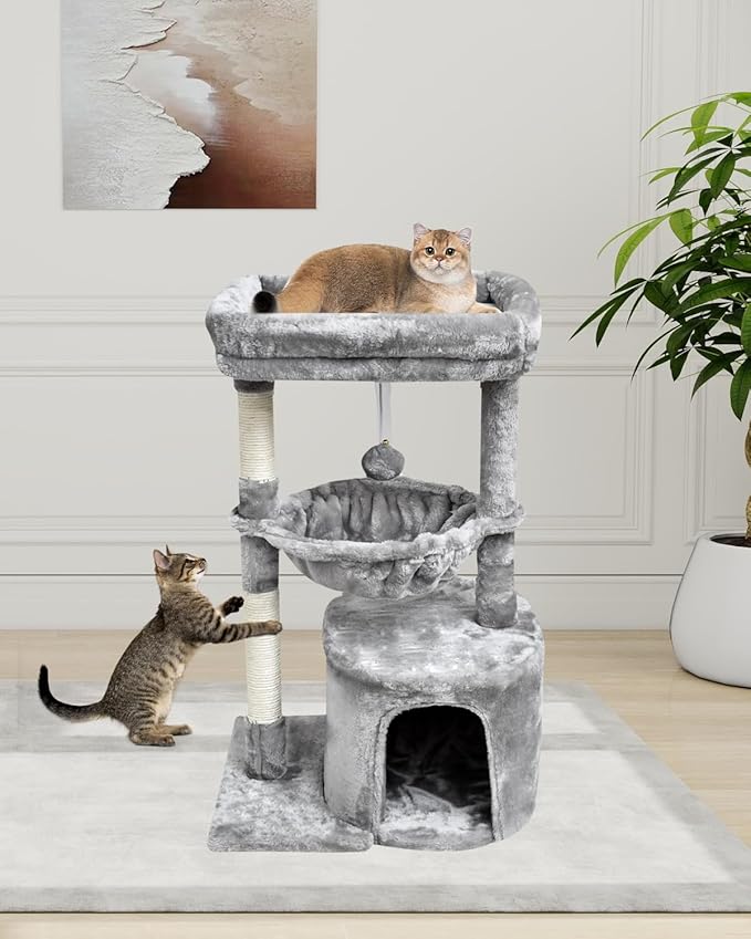SYANDLVY Small Cat Tree for Indoor Cats, Activity Cat Tower with Scratching Post for Kittens, Modern Cat Furniture with Basket & Hanging Ball for Play Rest, Grey
