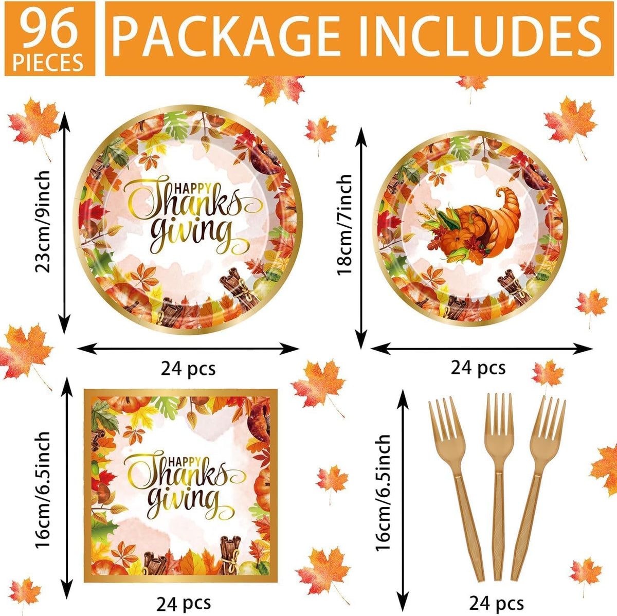 Thanksgiving Party Decorations Fall Party Supplies 96 PCS Fall Thanksgiving Disposable Dinnerware Set with Maple Leaves Gold Paper Plates Napkins and Forks for Harvest Celebrations