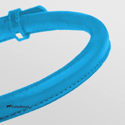 CollarDirect Rolled Leather Dog Collar, Soft Padded Round Puppy Collar, Handmade Genuine Leather Collar Dog Small Large Cat Collars 13 Colors (6-7 Inch, Light Blue Textured)