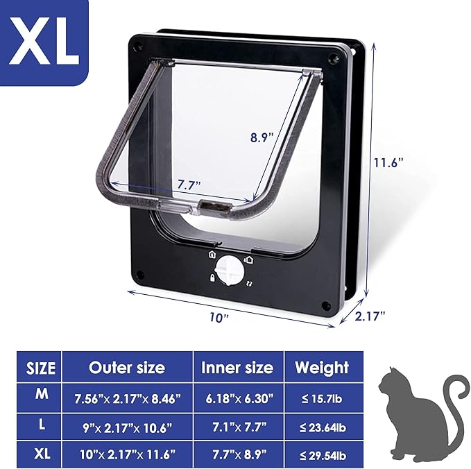 Upgraded Version - Cat Doors Flap (for Cat up to 29.5lb), Magnetic Pet Door with 4 Way Locking for Interior Exterior Doors, Weatherproof Gate, Easy Installation