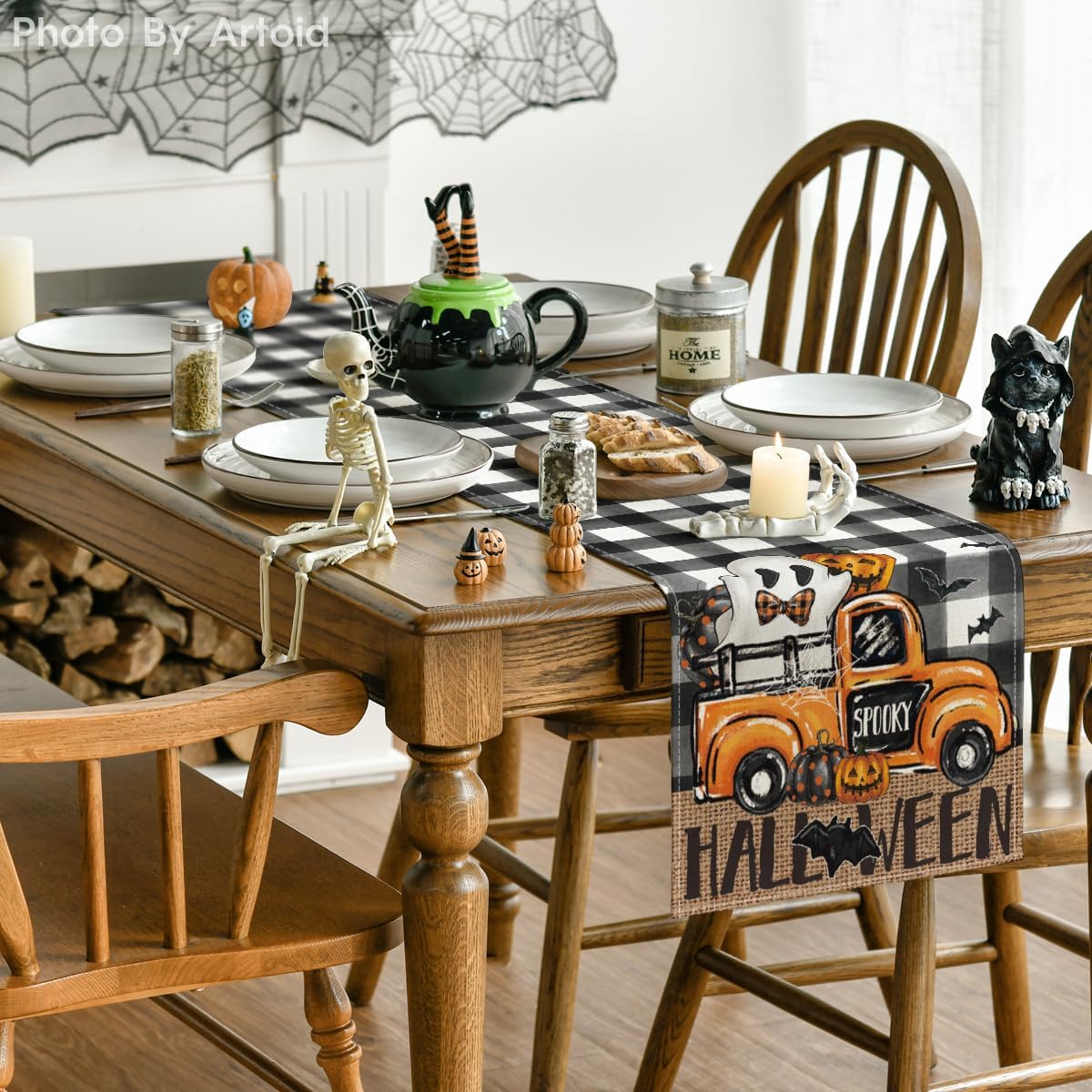 Artoid Mode Buffalo Plaid Bat Pumpkin Ghost Truck Spooky Halloween Table Runner, Sensonal Kitchen Dining Table Decoration for Home Party Decor 13x60 Inch