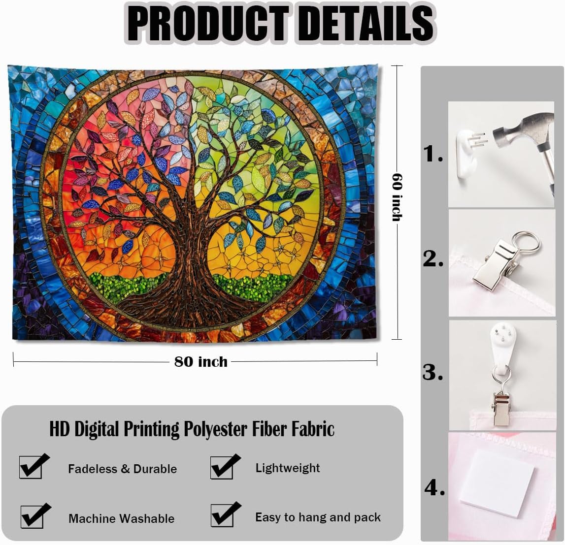 keowhsf Tree of Life Tapestry Wall Hanging – Colorful Stained Glass Look Wall Art with Fantasy Aesthetic, Large Tapestry for Bedroom, Living Room, Home Decor