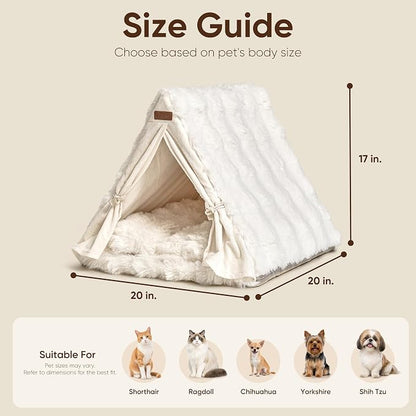 FUKUMARU Cat Cave Bed, Sturdy Frame Washable Cat Tent Bed with Curtain | Semi-Enclosed Cat Hideaway for Anxious Cats, Large Cozy Cat House for Indoor Cats, Soft Plush Covered Dog Bed, Cream