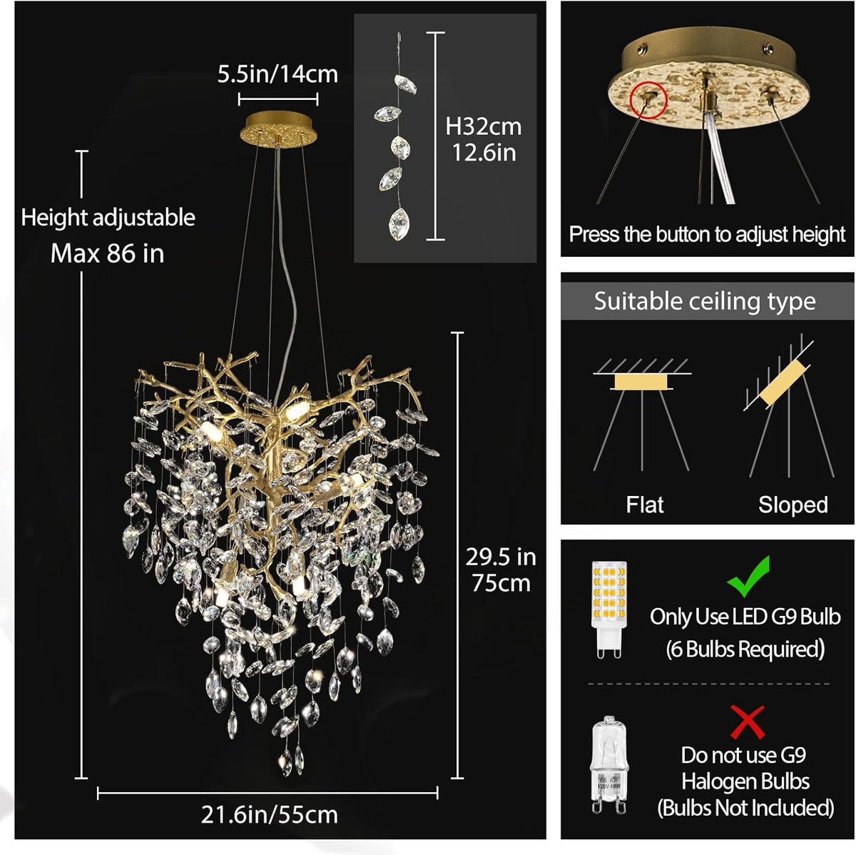 Modern Gold Crystal Tree Branches Chandelier,21 Inchs 6 Lights Modern Round K9 Crystal Chandeliers for Dining Room, Bedroom, Living Room, Foyer,Kitchen Island