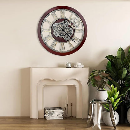 HOIBAI Farmhouse Vintage Industrial Oversized Wall Clock - 24 in (60cm) Moving Gear Wall Clock for Living Room Decor