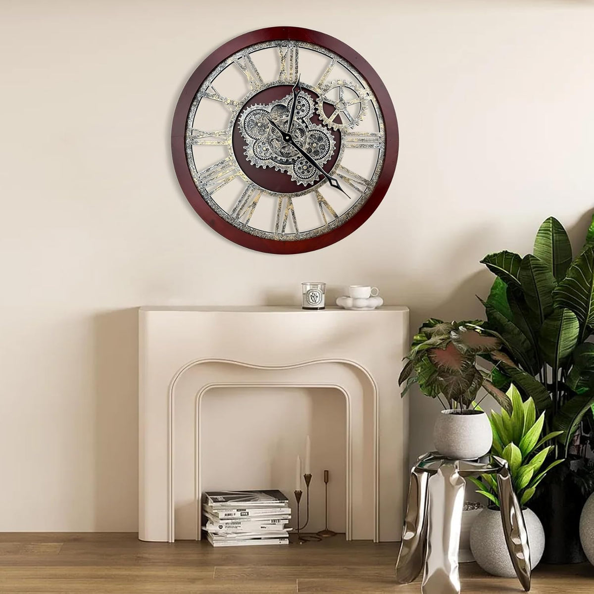 HOIBAI Large Wall Clock, Wall Clocks for Living Room Decor 30 Inch Farmhouse Vintage Rustic Kitchen Wall Decor Vintage Roman Oversized Wall Clock for Home Bedroom House, Moving Gears Clock