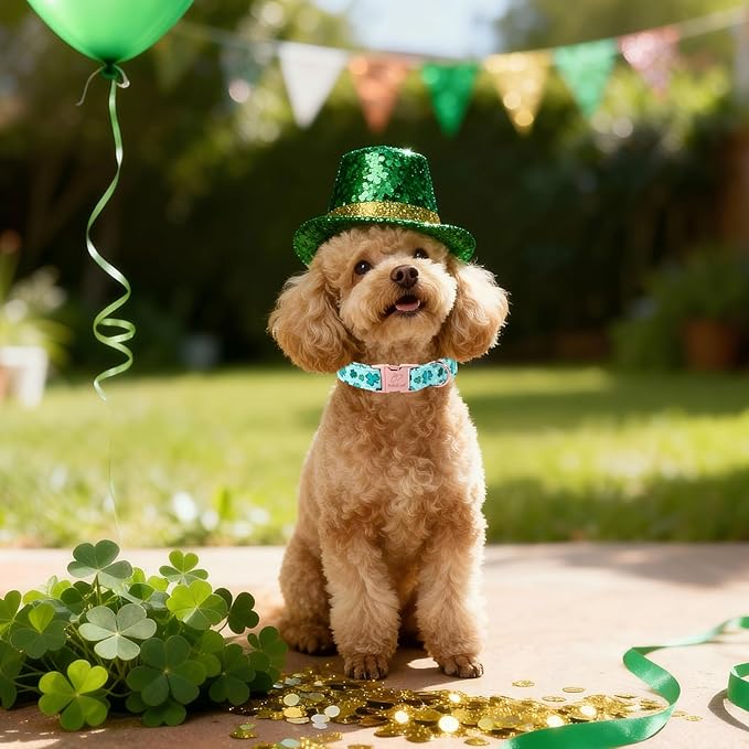 St. Patrick's Day Dog Collar for Large Dogs - Fresh Green Clover Dog Collars, Irish Shamrock Festival Pet Collars, Adjustable Heavy Duty Dogs Collar with Metal Buckle L