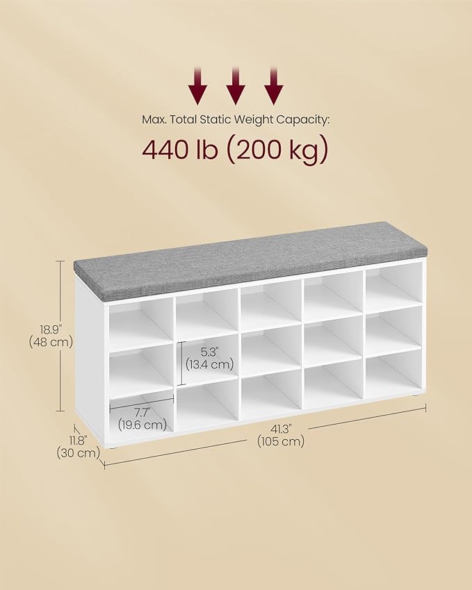 VASAGLE CUSTOS Collection - Shoe Bench, Storage Bench with Padded Seat, Entryway Bench with 15 Compartments, for Bedroom, 11.8 x 41.3 x 18.9 Inches, Cloud White and Dove Gray ULHS15WT