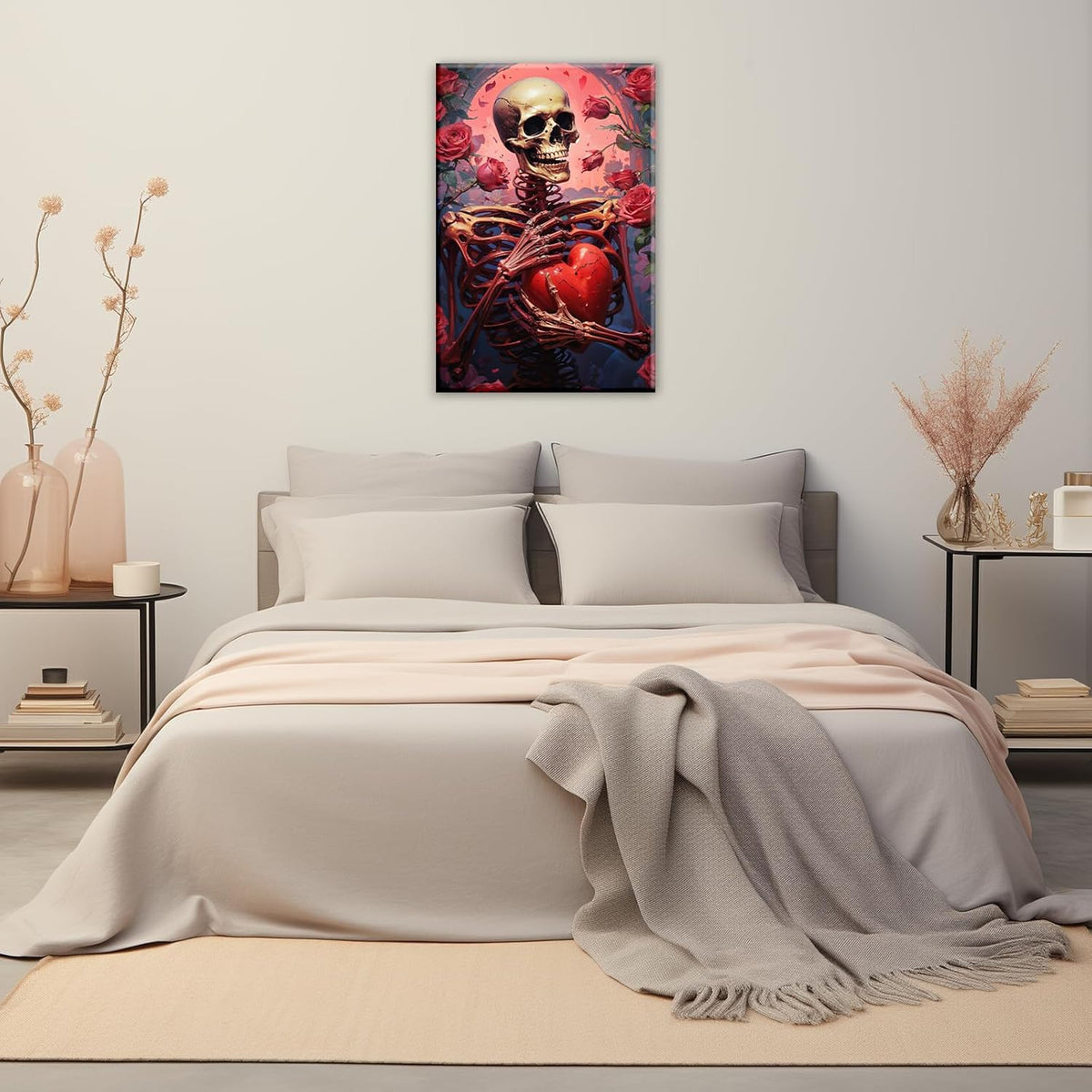 OAAPITI Skull Skeleton Canvas Wall Art Skull Holding Heart Picture Print Romantic Theme Painting Artwork Gothic Poster Wall Decor Living Room Halloween Decor(Artwork-1,16"x24")