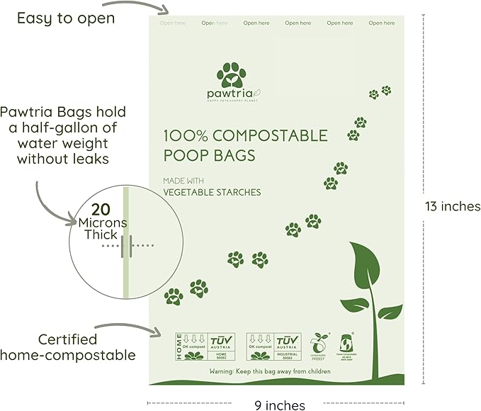 Pawtria Certified Home Compostable Dog Poop Bags (480), Value pack, Biodegradable Poop Bags, Cat Litter, Vegetable Starches, Eco-friendly Dog Waste Bags, Leak proof, Easy to Open, Give Back