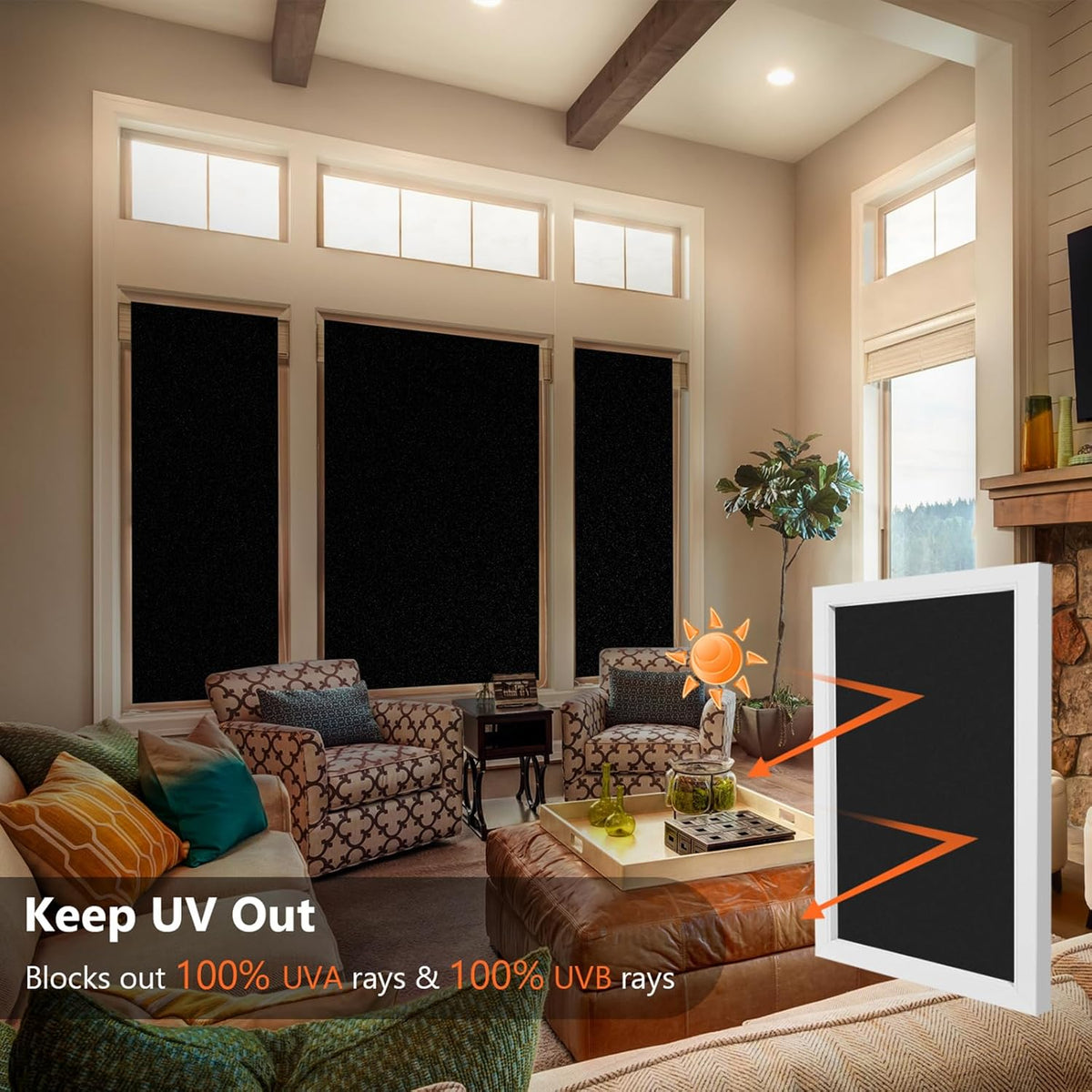 Kromapolis Blackout Window Privacy Film Total Light Blocking Room Darkening Window Covering, Removable Static Cling Frosted Glass Tint, Non-Adhesive, Black 11.8'' x 78.7''