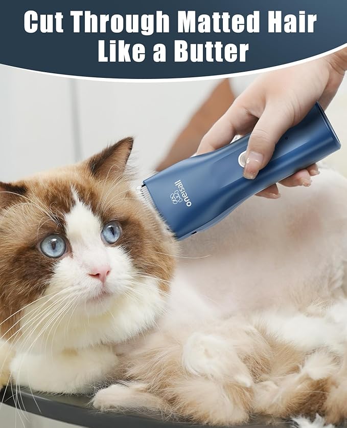 oneisall Pet Clipper for Cat Matted Hair, Pet Shaver for Cats Quiet Pet Clippers Waterproof Cordless Cat Clippers for Matted Hair Long Hair with Storage Bag (Blue)