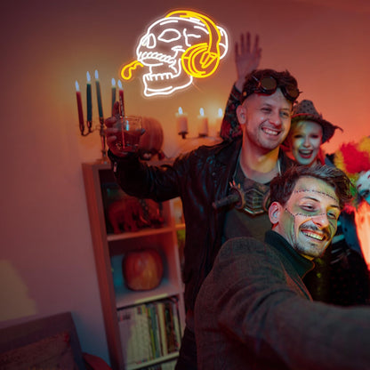 Skull Headphone Neon Sign Headphone Neon Light for Wall Decor LED Dimmable USB Skull Light Up Sign for Halloween Party Game Room Personalized Gifts(12.6 * 16.5In)