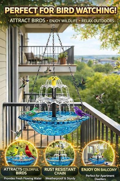 Solar Cascade Hanging Bird Bath Fountain, 2026 New Outdoor Hanging Bird Bath with Solar Fountain, Large Humming Birds Baths Fountains, with Solars Pump & Glass Bowl, for Outdoor, Gardens (#2)