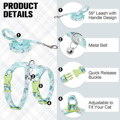 BEAUTYZOO Cat Harness and Leash Set Escape Proof for Walking, Kitten Soft Adjustable Vest Harnesses for Small Medium Large Cats, Easy Control Breathable Plaid Ribbon Nylon for Outdoor Indoor Use