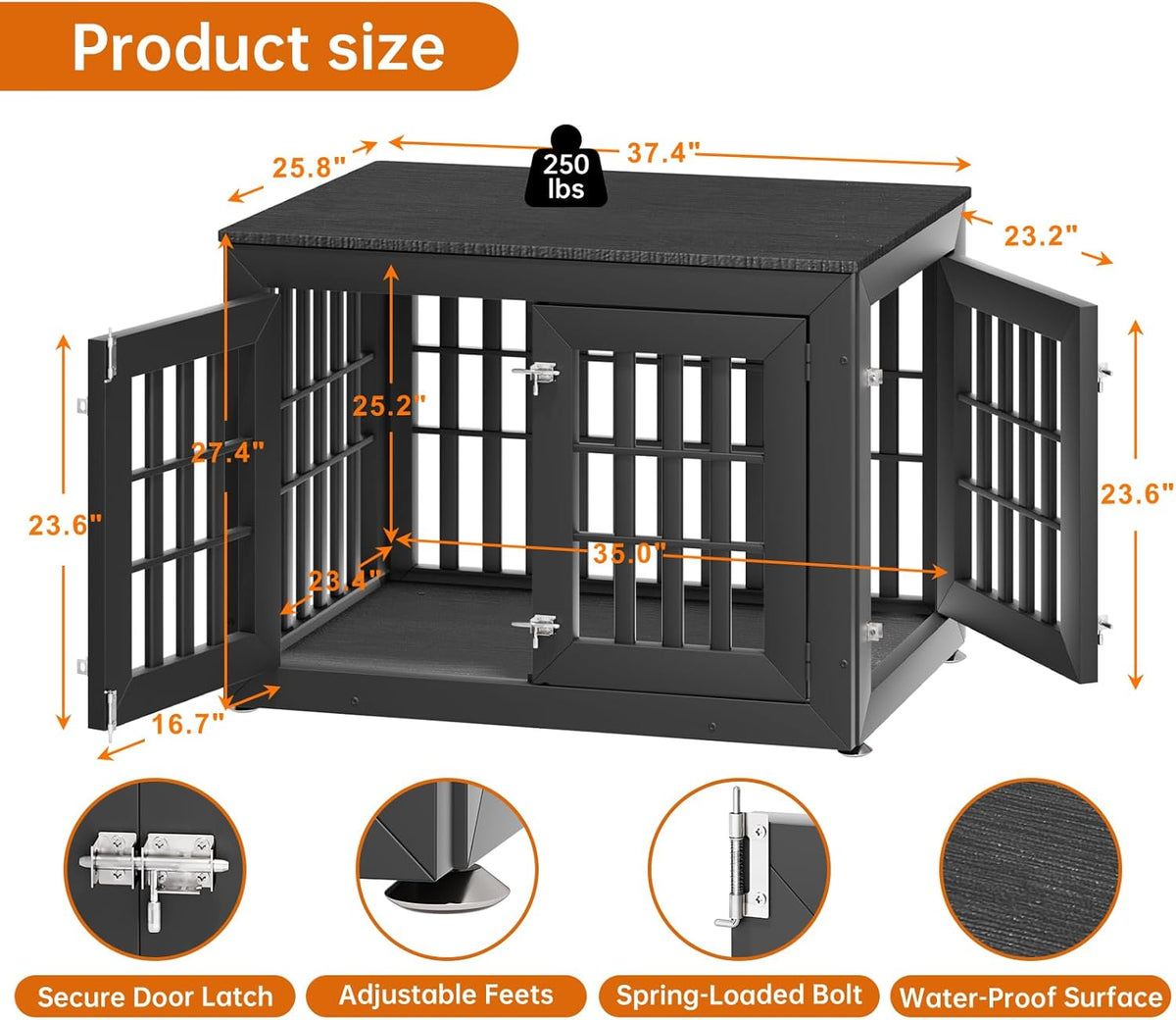38" Heavy Duty Dog Crate Furniture for Small,Medium and Large Dogs,Rustic Wooden Dog Cage Kennel Indoor Furniture with Waterproof Top,Decorative Pet House Side End Table (Black)