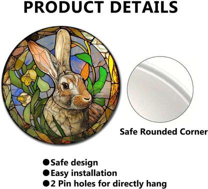 Lygond Metal Sign Tin Sign Circular Stained Glass Rabbit Restroom Tin Sign for Garden 8×8 Inches