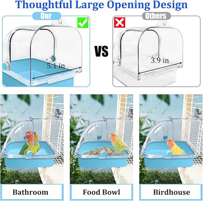 Tfwadmx Bird Cage Bath Hanging Bird Bath Supplies Parrot Bath Tub Water Shower Food Feeder Holder Tray for Small Birds Canary Budgies Cockatiel Lovebirds(Blue)