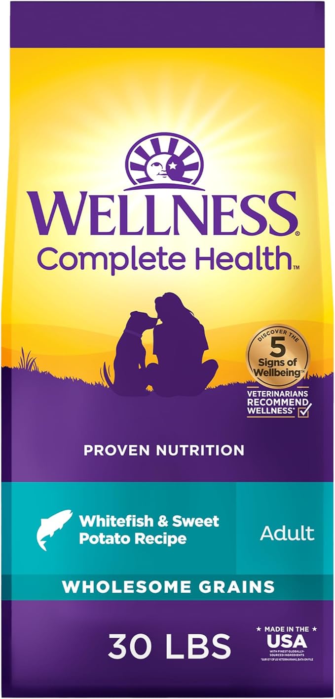 Wellness Complete Health Dry Dog Food with Grains, Natural Ingredients, Made in USA with Real Meat, All Breeds, For Adult Dogs (Whitefish & Sweet Potato, 30-Pound Bag)