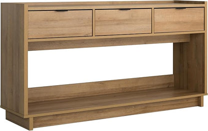 Prepac Natural Oak Simply Modern Entryway Table, Narrow Console Table with 3 Drawers, Media Console with Storage, 15.75" D x 60.25" W x 32" H