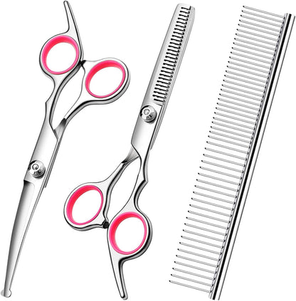 Dog Grooming Scissors with Safety Round Tips Stainless Steel Professional Dog Grooming Kit - Thinning, Curved Scissors and Comb for Cat Pet (Pink 4 in 1)