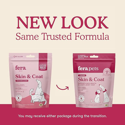 Fera Pets Goat Milk Topper - Cat & Dog Skin and Coat Supplement with Collagen, Biotin & Vitamin C - Helps Maintain Normal Skin Moisture - Promotes a Shiny Coat - for Picky Eaters - 60 TSP
