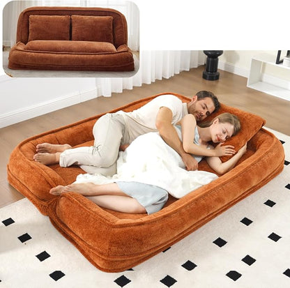 Foldable Lazy Sofa Bed, Double Human Dog Bed for Adults, Orange | Skin-friendly Breathable Soft Chenille Upholstered, 5 Adjustable Backrest Positions, 3 Soft Cushions for Living Room