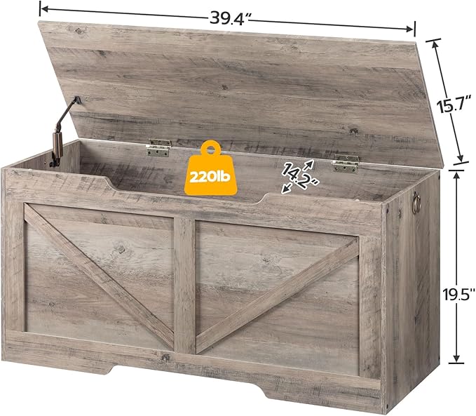 HOOBRO Storage Bench, 39.4” Retro Wooden Storage Chest with U-Shaped Cut-Out Pull, Safety Hinge, Supports 220 lb and Easy Assembly for Toy Box Organizer (Greige) BG771CW01