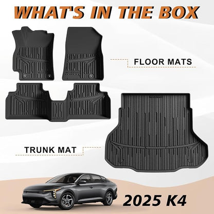 TripleAliners Floor Mats & Trunk Mat Full Set Compatible with 2024 2025 2026 Kia K4 All Weather Liners TPE Custom Fit Anti-Slip Full Coverage Odorless Waterproof Cargo Liners(Trunk Mat+ Floor Mats)