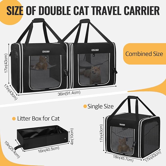 Petskd Portable Double Cat Carrier with Litter Box for Multiple Cats 2in1 Car Travel Carriers 36x17x17in Dual Large Cat Carrier with Safety Locking Zippers for Long Distance Travel