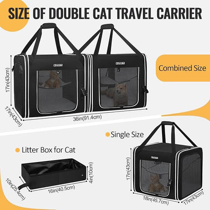 Petskd Portable Double Cat Carrier with Litter Box for Multiple Cats 2in1 Car Travel Carriers 36x17x17in Dual Large Cat Carrier with Safety Locking Zippers for Long Distance Travel