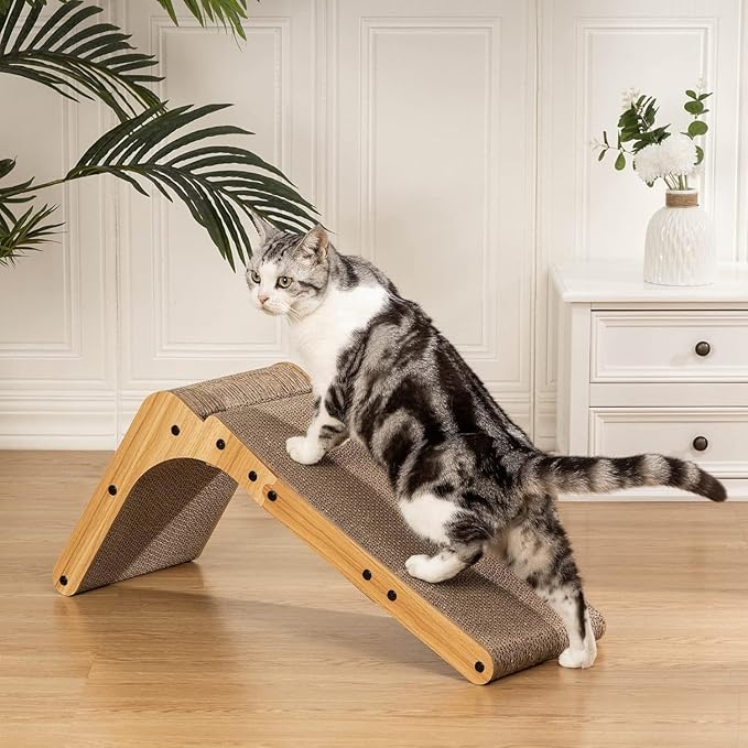 Poils bebe L Shape Cat Scratcher, 26.8 Inch Cat Scratchers for Indoor Cats, Protecting Furniture Cat Scratch Pad, Cardboard Cat Scratching with Ball Toy, Catnip, Large
