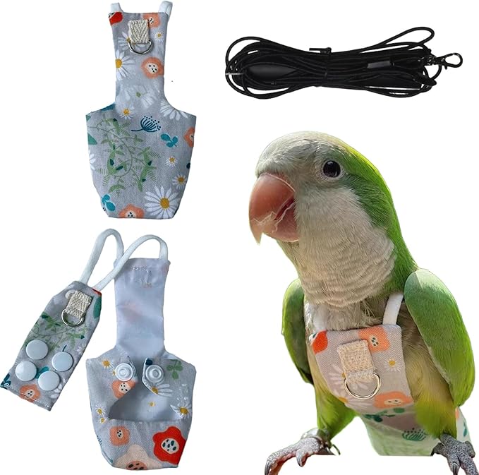 Snap-Closure Parrot Diaper Flight Suit for Cockatiels, Lovebirds & Medium Birds Cotton Washable Escape-Proof Harness with Leash Set(Rainbow Honey Sucking Model+1 Meter Rope)
