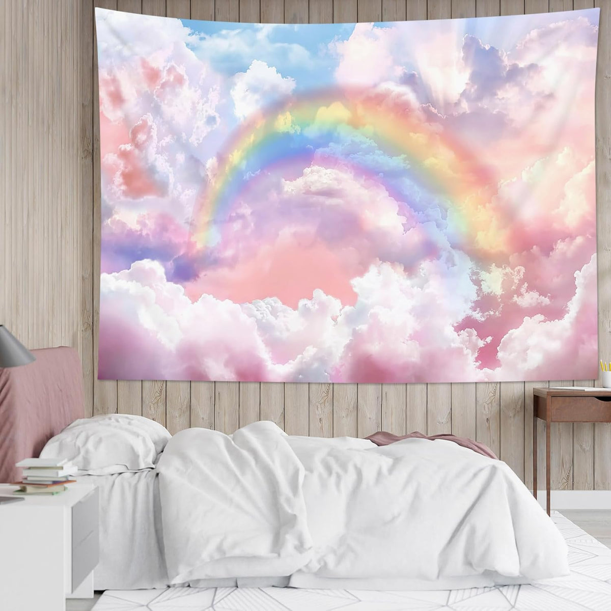 HVEST Rainbow Cloud Tapestry Wall Hanging - Pink Cloud With Glow Sunshine in Pastel Sky, Aesthetic Nature Landscape for Living Room Bedroom Decor, 80x60 Inches