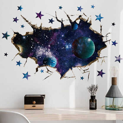 3D Space Galaxy Wall Decor Stickers, Removable Broken Outer Space Planet Waterproof Vinyl Floor Decals, 3D Art Magic Wall Mural Decals for Bedroom Living Room Home Wall Decor