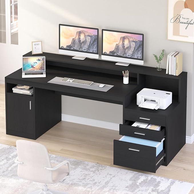 Computer Desk with 3 Drawer & Storage Shelves, Home Office Desk with File Drawer & Cabinet, Writing Study Table with Long Monitor Stand & Printer Shelf, Executive Desk, Black