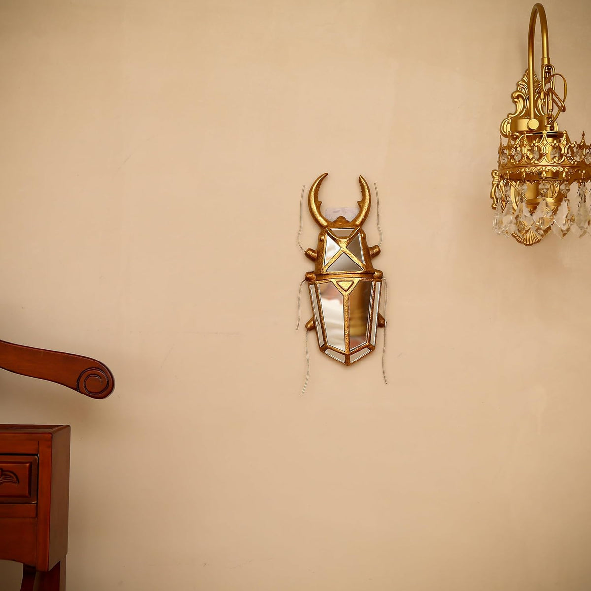 Decorative Bug Insects Beetle Mirrors - Gold Resin and Glass Wall Decor, Perfect for Victorian and European Themed Homes (Sheep Horn Beetle)