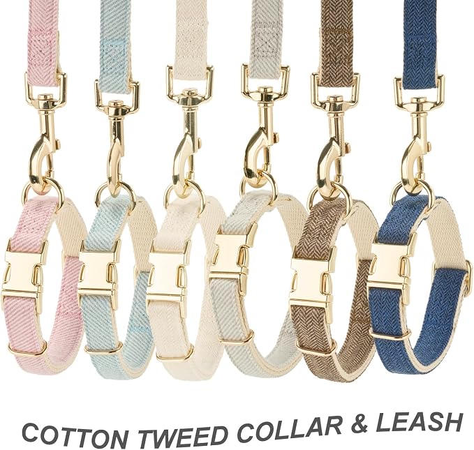 Luxury Soft Cotton Tweed Fabric Dog Collar & Leash Set with Gold Buckle – Durable Fabric, Stylish Design for Everyday Walks(Medium Navy)